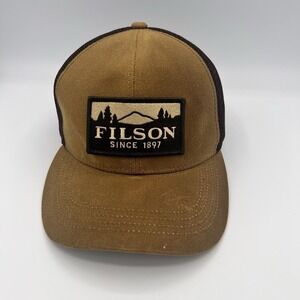 Filson Logger Mesh Cap Trucker Hat Dark Tan SnapBack Tin Cloth Patch